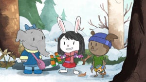 EXPLORING WITH FRIENDS: Elinor, a little rabbit and the main character in Elinor Wonders Why™, checks out a winter forest with her friends, Ari, a bat, and Olive, an elephant. The PBS Kids Show, Elinor Wonders Why™, airs locally on Rhode Island PBS.